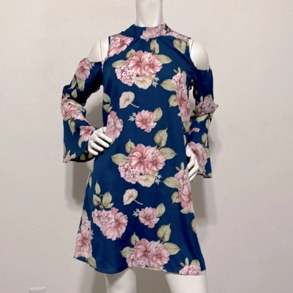 Xhilaration Navy Pink Floral Print High Neck Long Sleeve Mini Dress Size M